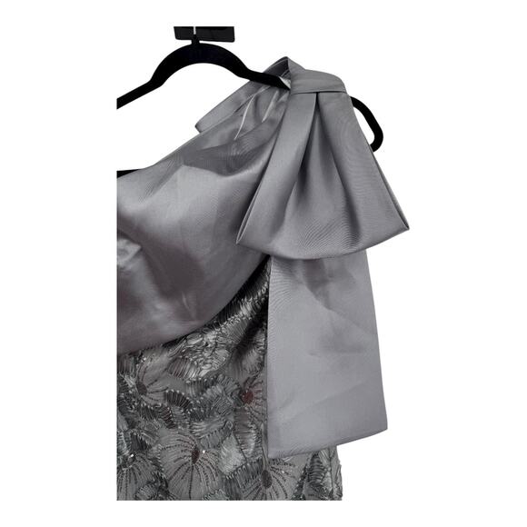 Betsy & Adam bow trim soutache one shoulder dress silver size 8 DEFECT - Picture 4 of 8